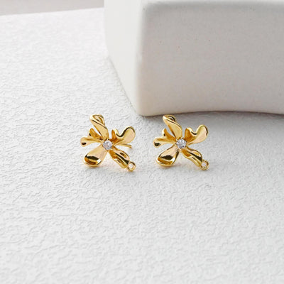 Flower Earring Post, 18K Real Gold Plated Brass Stud Earring With Loop, S925 Silver Pin, CZ Pave, Nickel Free, Earring Finding D0490