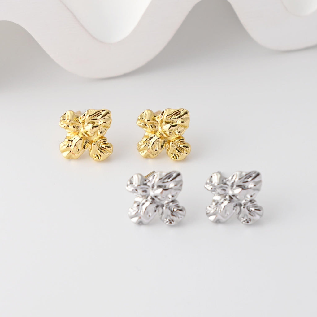 Pleated Flower Earrings Post With Loop, 18K Gold Plated, Nickel Free, S925 Silver Pin, Ear Stud Hypoallergenic Earring Findings D0447