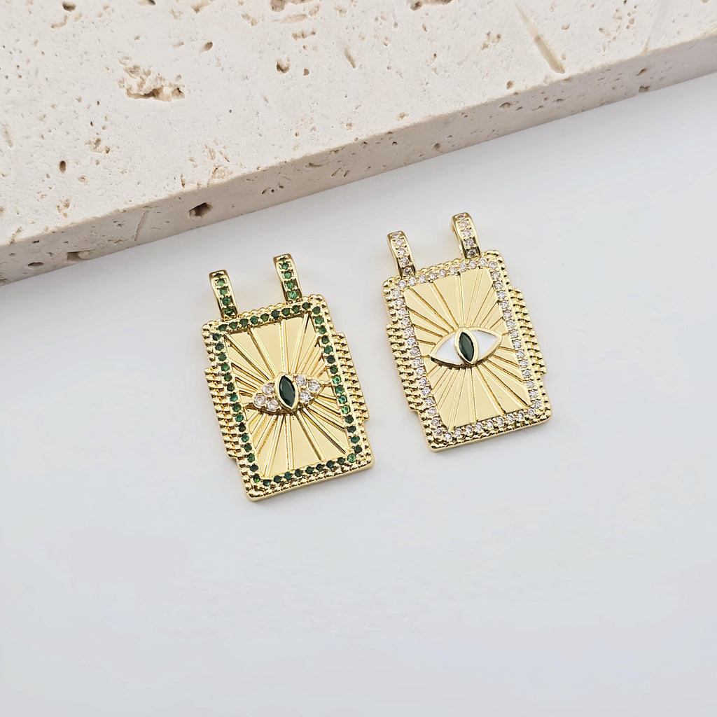 دلاية عين شريرة مكعبة مستطيلة الشكل، مطلية بالذهب عيار 18 قيراطًا، مرصعة بأحجار الزركونيا المكعبة، دلاية لصنع القلائد، قطع مجوهرات S1284