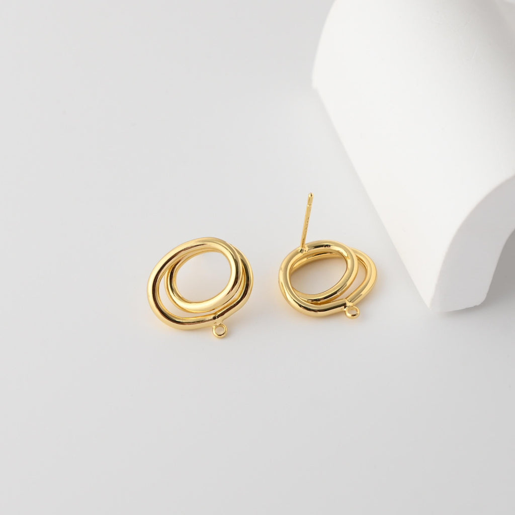 Oval Earrings Post With Loop, 18K Gold Plated, Nickel Free, S925 Silver Pin, Hollow Ear Stud Hypoallergenic Earring Findings D0362