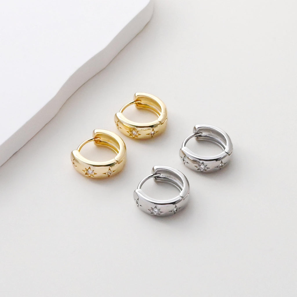 Aros de circonita cúbica con forma de estrella, aros redondos, pendientes de palanca chapados en oro de 18 quilates, aros tipo huggie, accesorios para pendientes DIY S1418