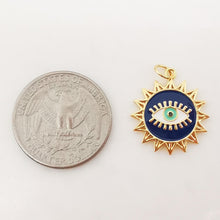 Load image into Gallery viewer, Dark Blue Enamel Evil Eye Charm, 18K Gold Plated Sun Eye Pendant, 19mm, Necklace Making Charm, Jewelry Findings S1073