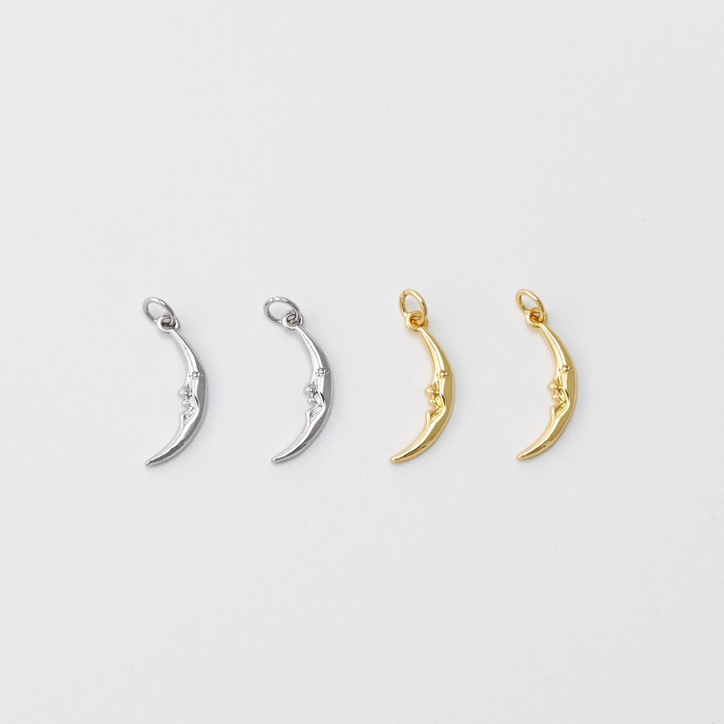 Crescent Moon Face Charm, 18K Gold Plated Slim Moon Pendant, Tiny Horn Charms, 15x4mm, Jewelry Findings S763