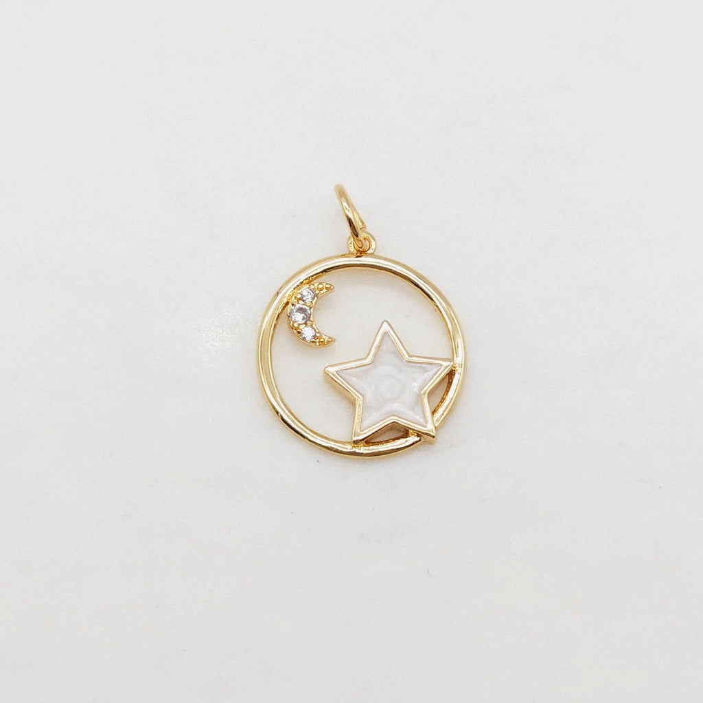 Enamel Moon & Star Charm, 18K Gold Plated, Pave CZ Round Pendant, Necklace Making Charm, Jewelry Findings S20387