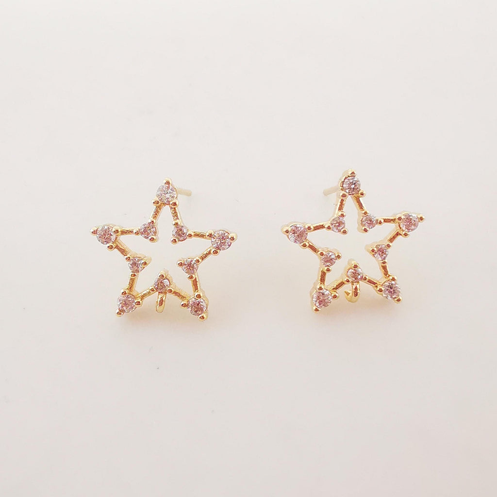 4PCS Pentagram Star Ear Post with Loops, S925 Silver Ear Pin, Nickel Free, CZ Pave, 15mm, 18K Gold Plated Stud Earring Finding ZX032