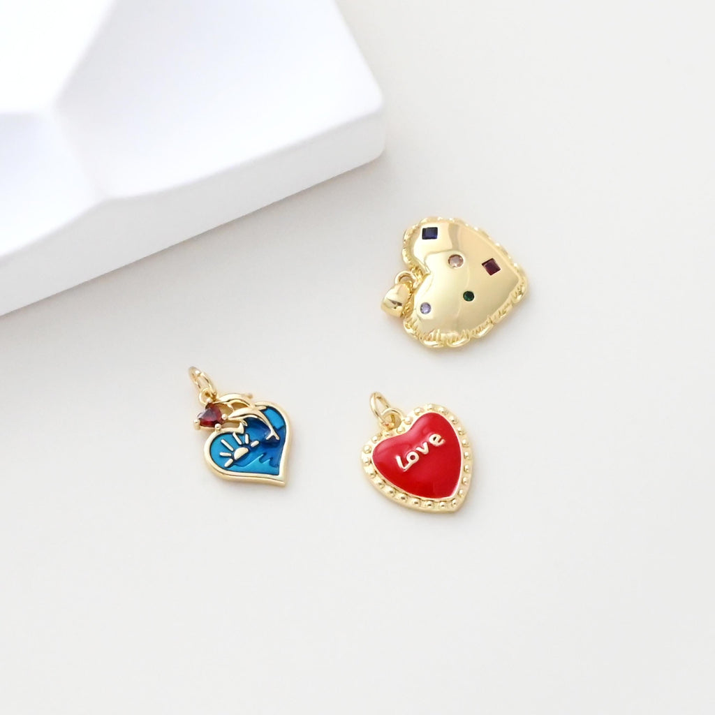 Enamel Heart Charm, 18K Gold Plated Heart Pendant, 10mm, Necklace Bracelet Making Pendant S1310