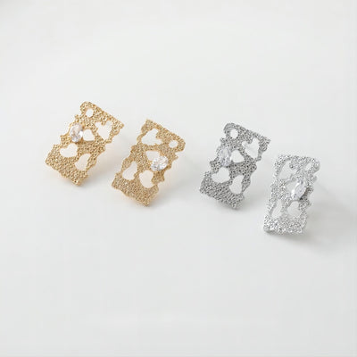 Frosted Rectangular Zirconia Earrings Post, 14K Gold/Silver, S925 Silver Pin Nickel Free Earrings, Knot Ear Stud with Loop GE026