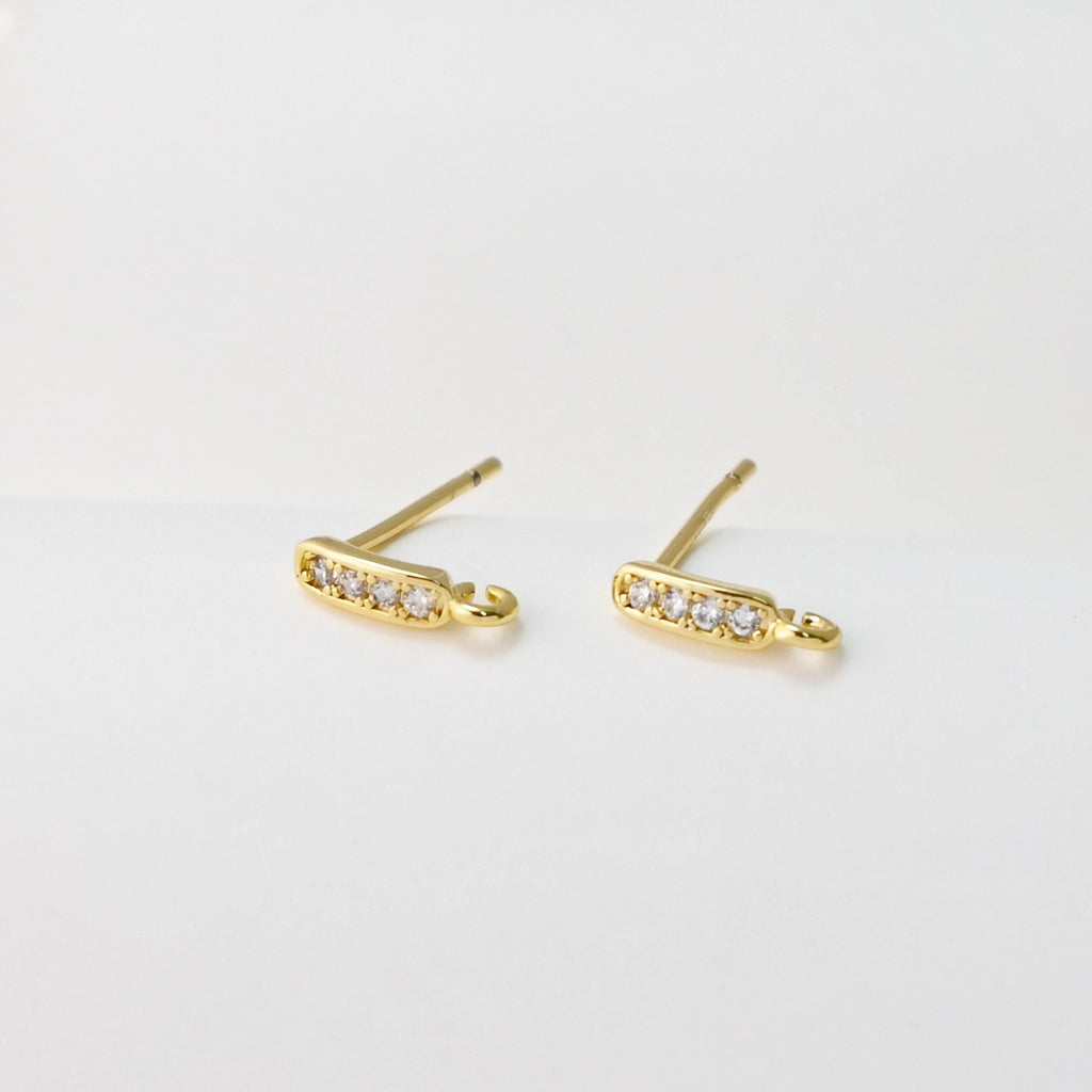 CZ Pave Rectangular Earring Post With Loop, S925 Silver Pin Nickel Free Post, 18K gold Plated, Hypoallergenic Earring Findings S1461