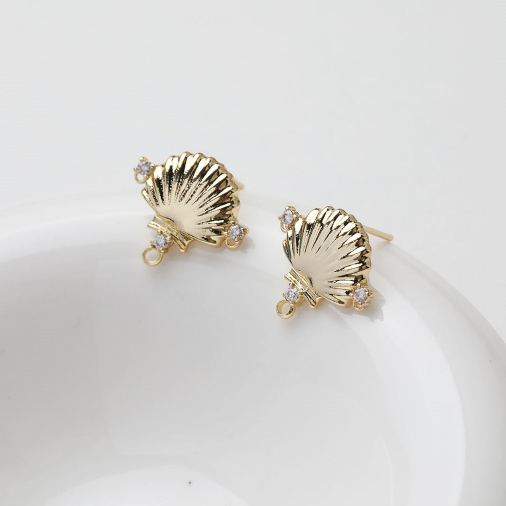 Shell Pave Cubic Earring Post, Shell Post, Gold/Silver, S925 Silver Pin Nickel Free Earrings, Hypoallergenic Earring Findings GT054