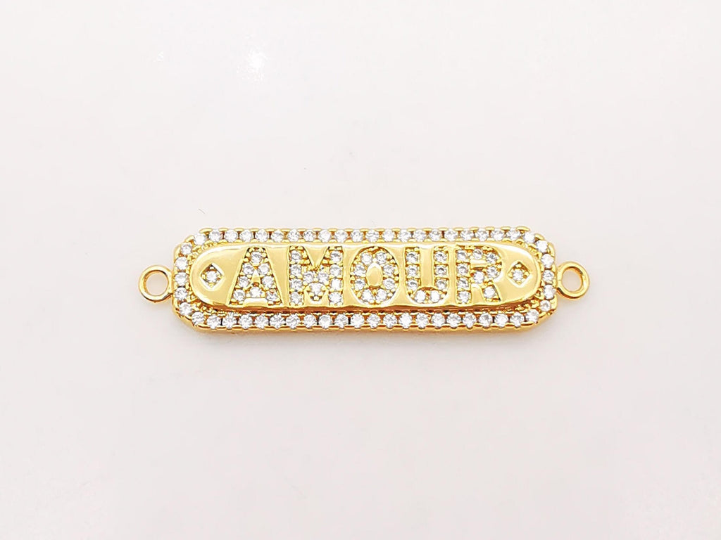 AMOUR/LOVE Chain Connector, 18K Gold Connector, Necklace Bracelet Love Charm,  Micro CZ Pave Connector, Jewelry making Supplies, S921
