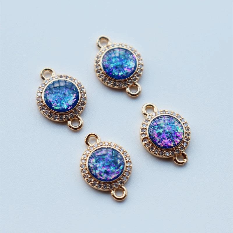 5pcs Faux Opal Round Connectors, Cubic Zircon Crystal Pendant, Bracelet Necklace Pendant, 14K Real Gold Plated, Jewelry Findings JY082-F236