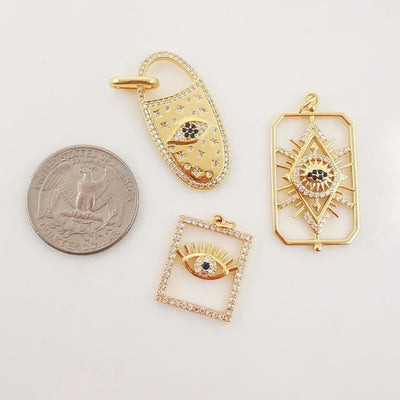Rectangular Cubic Evil Eye Charm, 18K Gold Plated Micro CZ Pave Eye Collection Pendant Necklace Making Charm, Jewelry Findings S20226
