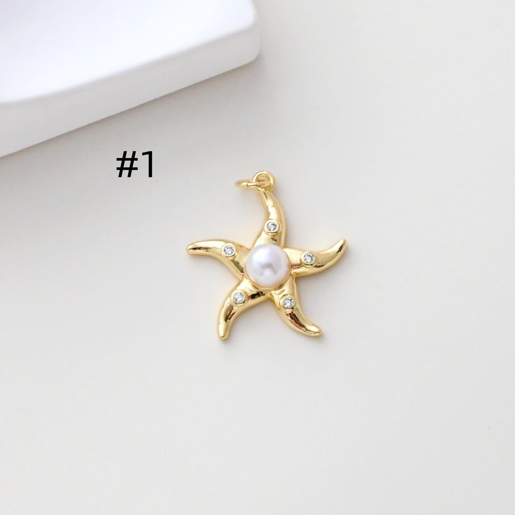 Gold Marine Life Pendant, 18k Gold Plated Brass Charm, Polish Gold Shell Pendant, Starfish Charm, Necklace Making, Jewelry Findings S1307