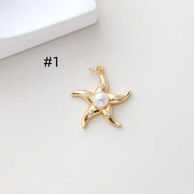 Gold Marine Life Pendant, 18k Gold Plated Brass Charm, Polish Gold Shell Pendant, Starfish Charm, Necklace Making, Jewelry Findings S1307