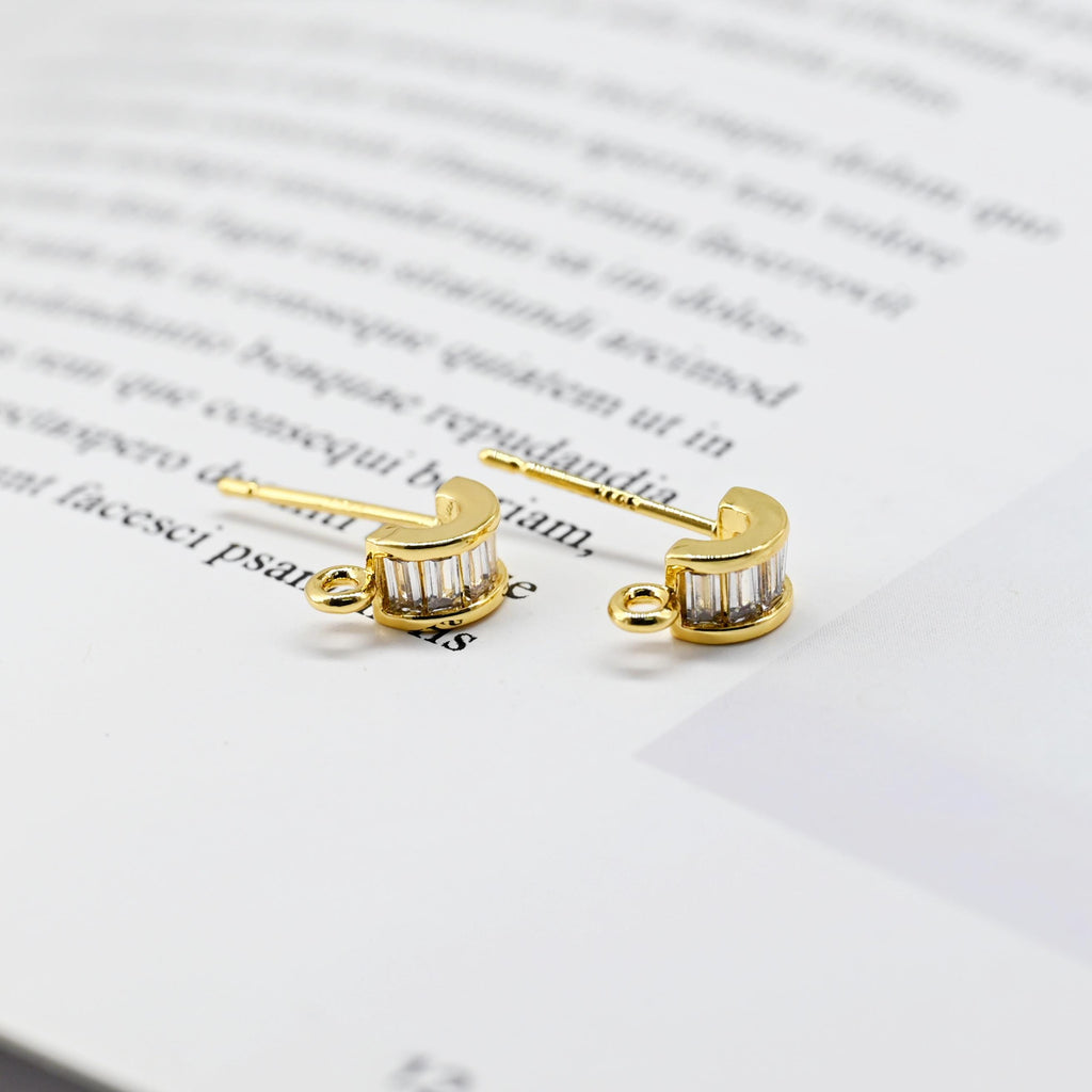 C Shape Ear Post, Nickel Free, CZ Pave, 9.7*4.3mm, S925 silver pin, 18K Gold Plated Stud Earring Finding D0446
