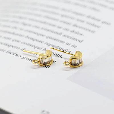 C Shape Ear Post, Nickel Free, CZ Pave, 9.7*4.3mm, S925 silver pin, 18K Gold Plated Stud Earring Finding D0446